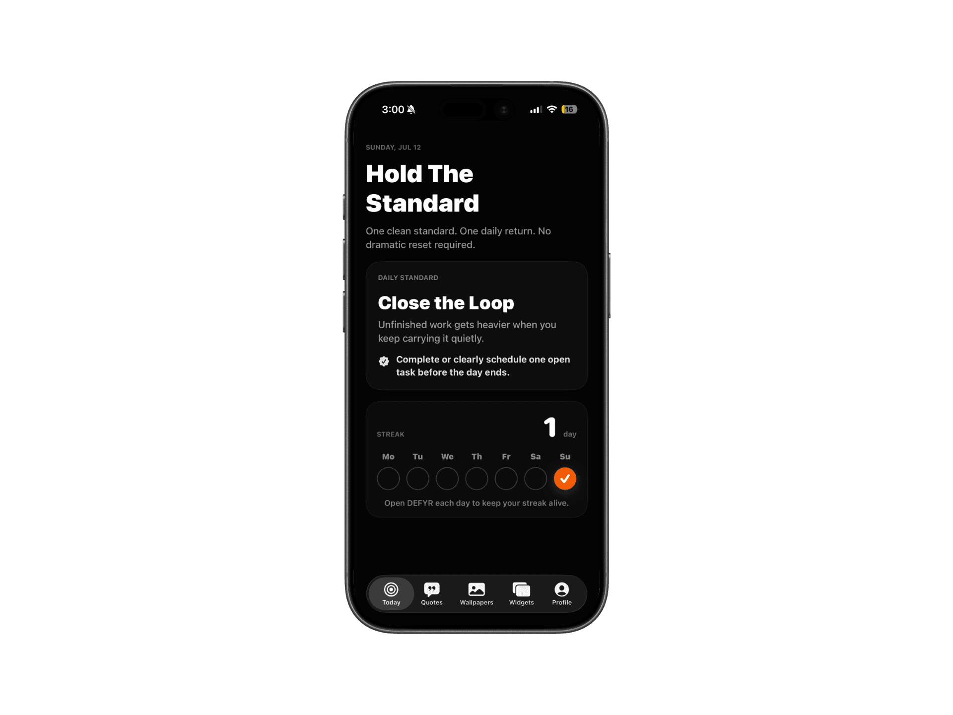 DEFYR app daily standard screen